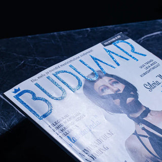 A lifestyle magazine cover featuring the logo in a vibrant blue glitter screen print finish.