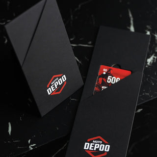 Custom screen printed gift card holder for MotoDepoo on premium matte black cardstock.