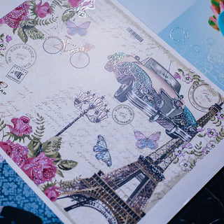 Custom glitter post card printing featuring a vintage Parisian theme with a shimmering Eiffel Tower and classic car.