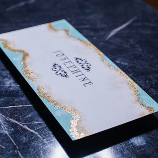 Elegant personalized gift card with gold glitter screen printing.