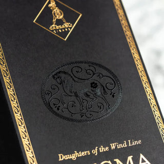 Premium gold foil and spot UV packaging featuring a metallic gold border and a glossy embossed horse emblem on black cardstock.