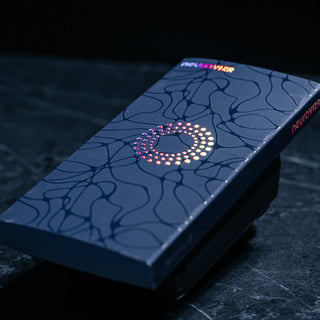 Custom chocolate sleeve print for Neurovizr packaging with holographic foil and spot uv pattern