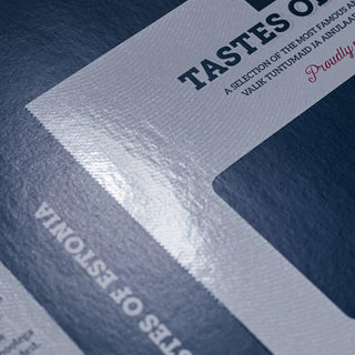 A premium example of a pearlescent screen printing service used on a "Tastes of Estonia" brochure to create a shimmering, light-reflective finish.