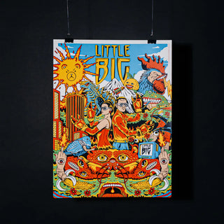 Värvikirev illustreeritud plakat pealkirjaga "LITTLE BIG". Psühhedeelne, koomiksi-stiilis kunstteos, mis kujutab keerulisi fantaasiaelemente, surrealistlikke tegelasi ja eredaid värve. Dünaamiline kompositsioon sisaldab päikest, fantaasiategelasi, linna ja mitmesuguseid abstraktseid elemente. Energiline ja silmapaistev plakatdisain muusika- või kultuurisündmuse jaoks. | Trükikoda Brandcafe