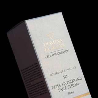 Premium silk screen printing packaging for Domina Elegans 5D Rose Hydrating Face Serum with gold and black ink.