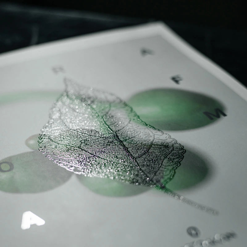 Premium spot UV book cover featuring a textured leaf design with high-gloss varnish on matte paper.